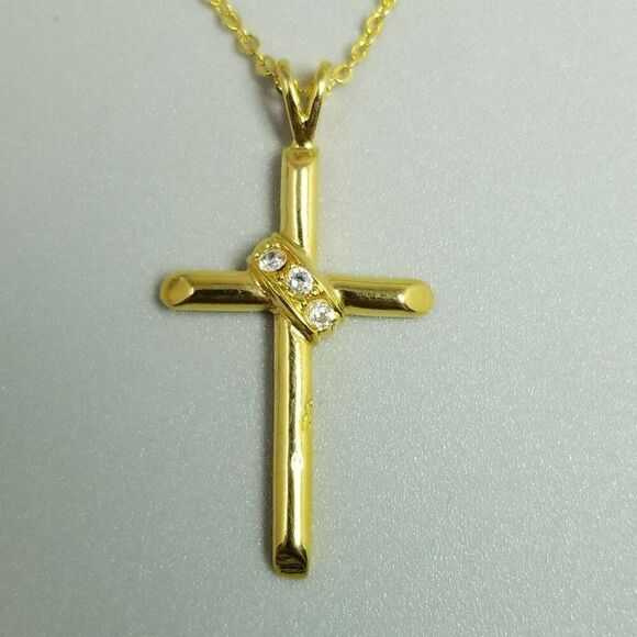 Vintage Gold Tone Cross Pendant Necklace, Rhinestone Set, Signed, Estate - Picture 1 of 8